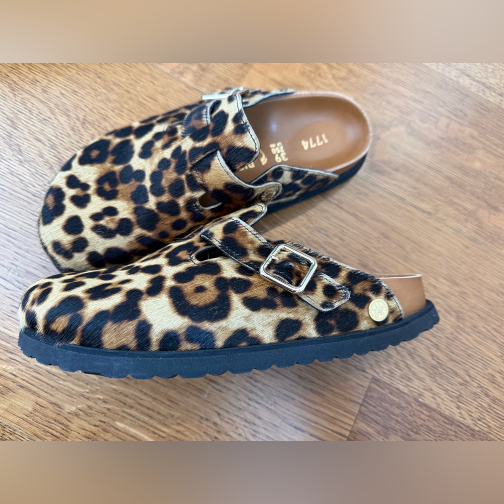 BIRKENSTOCK 1774 Boston Pony Hair Leopard Print Buckle Clog Slides 39